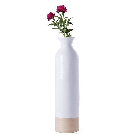 Cylinder Shaped Tall Spun Bamboo Floor Vase Glossy White Lacquer And Natural Bamboo Finish, Small